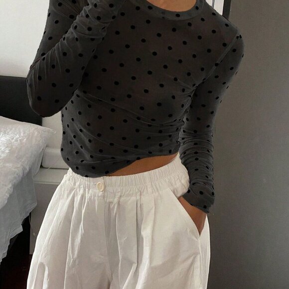 Black Casual Women's Polka Dot Fitted Crew Neck Long Sleeve Sheer Blouse - Picture 4 of 9